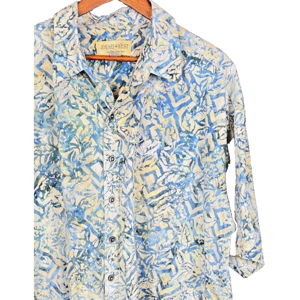 Johari West Batik Hawaiian Shirt 4XL Blue Yellow Cotton Aloha Camp
